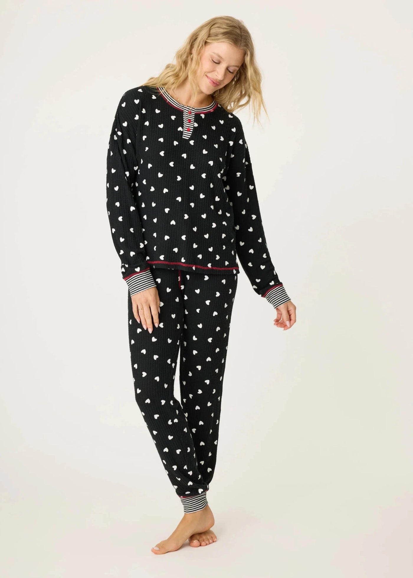 Pj Salvage Tiny Heart Thermal Ski Jammie Pj Set - Black