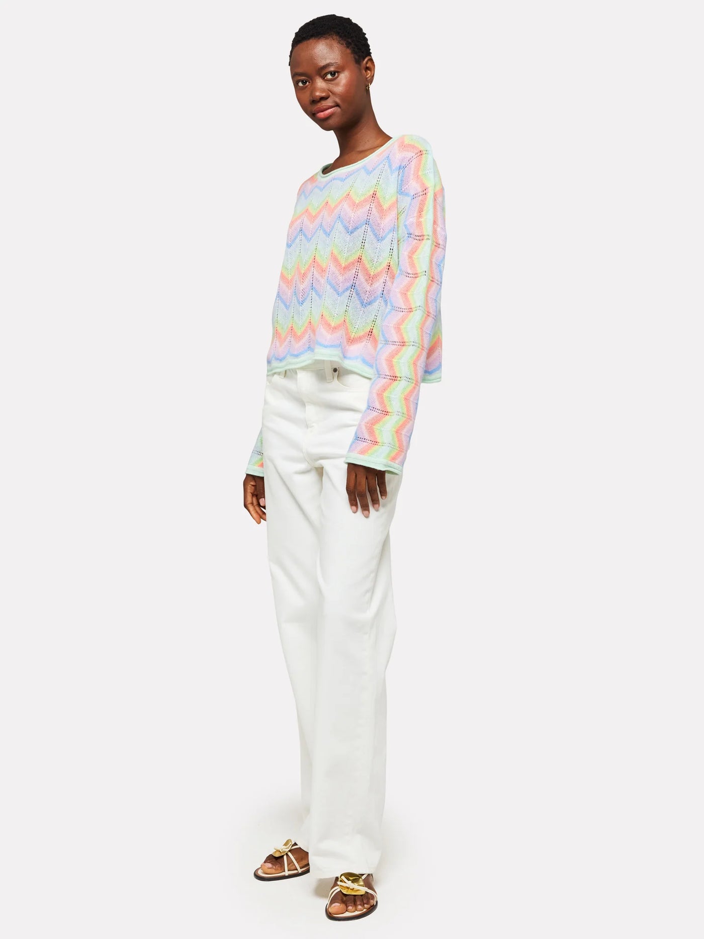 Brodie Rainbow Chevron Slash Neck Top - Neon Rainbow