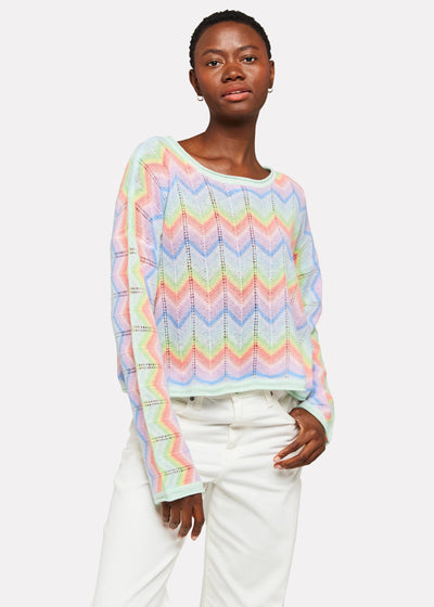 Brodie Rainbow Chevron Slash Neck Top - Neon Rainbow