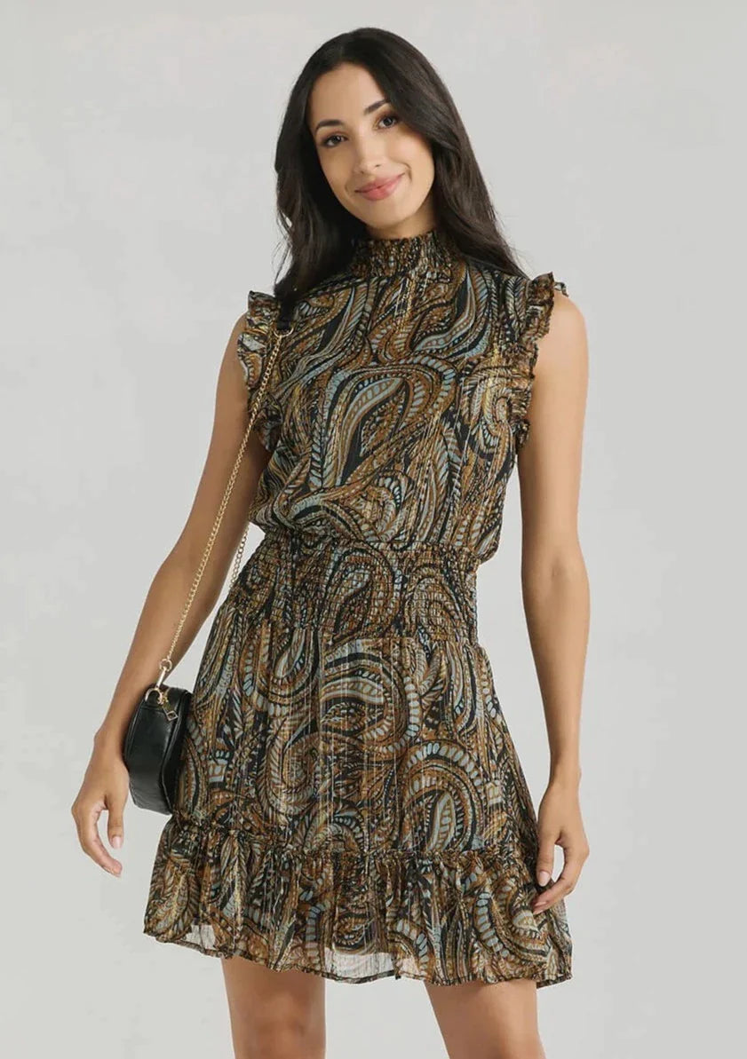 Elan Sleeveless Smock Waist Paisley Print Dress - Bronze