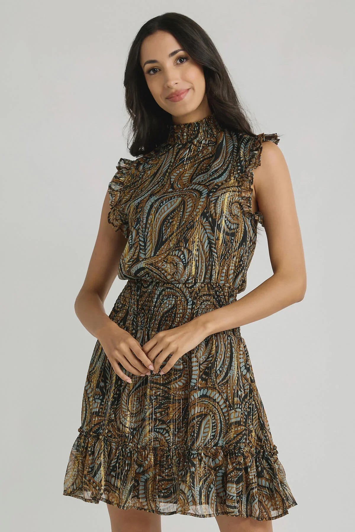 Elan Sleeveless Smock Waist Paisley Print Dress - Bronze