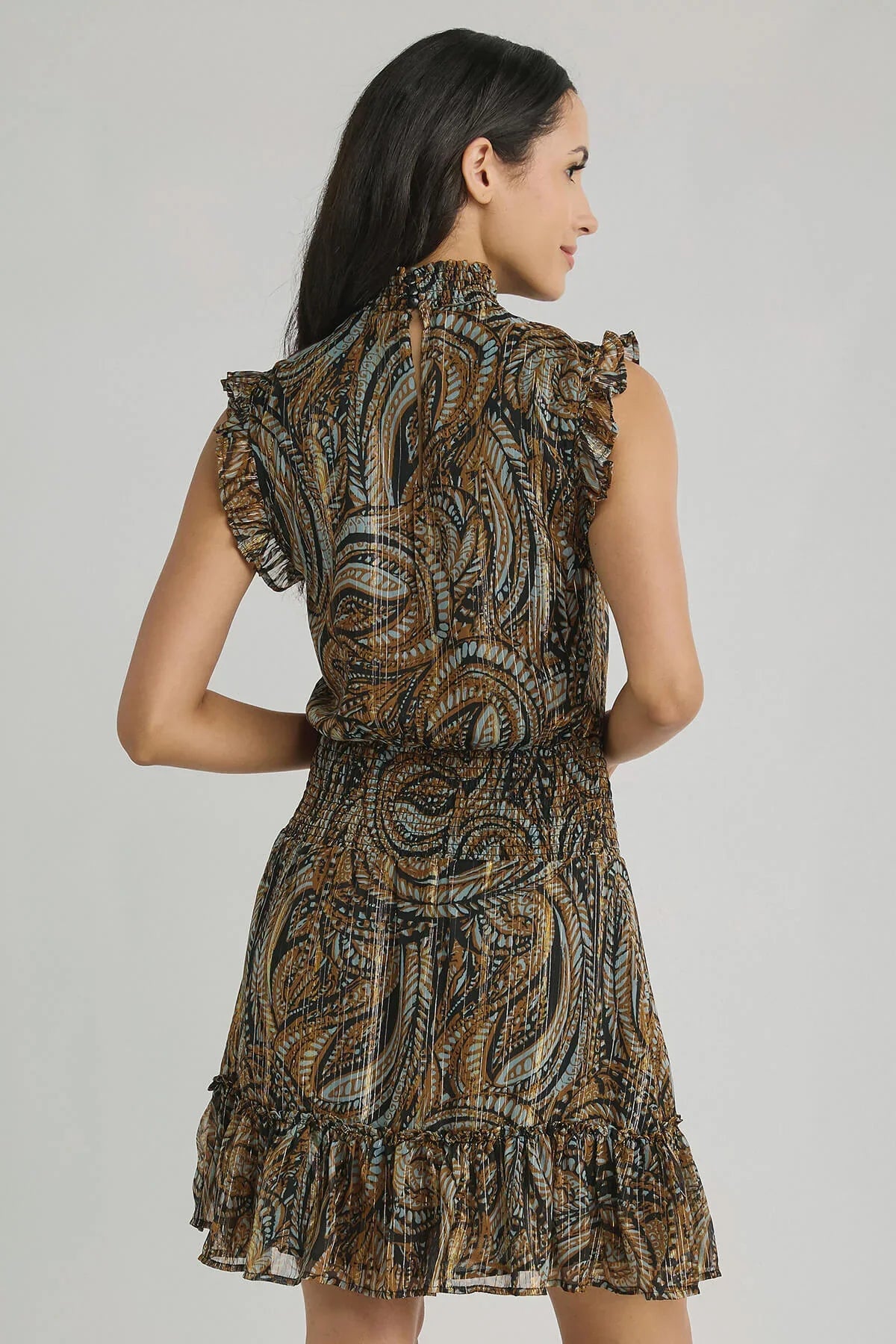 Elan Sleeveless Smock Waist Paisley Print Dress - Bronze