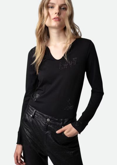 Zadig & Voltaire Tunisien Sparkle Love L/S Henley Top - Black