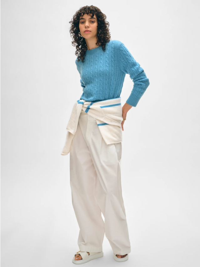 White + Warren Cashmere Featherweight Cable Crewneck Blue