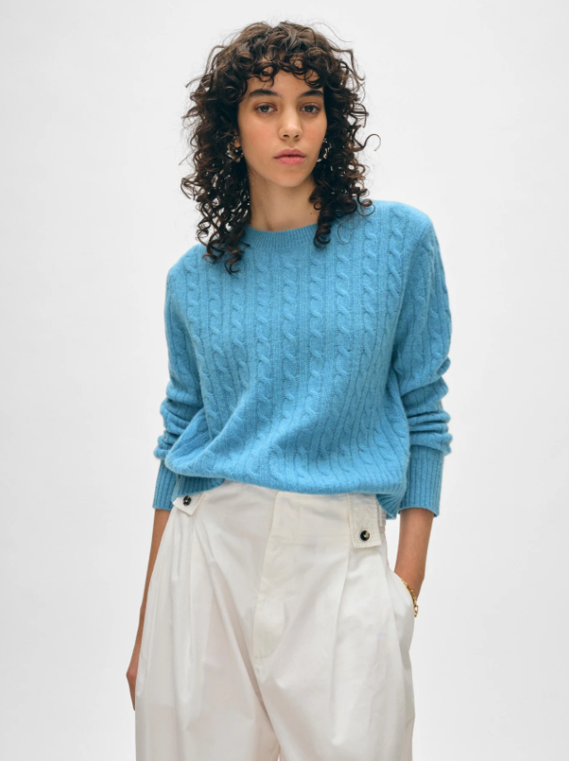 White + Warren Cashmere Featherweight Cable Crewneck Blue