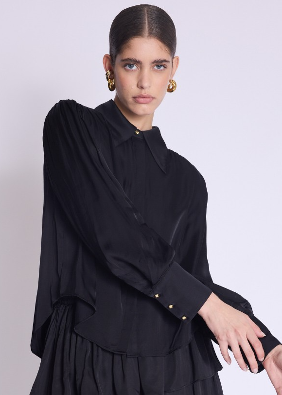 Berenice Double Pleated Silky Blouse Black