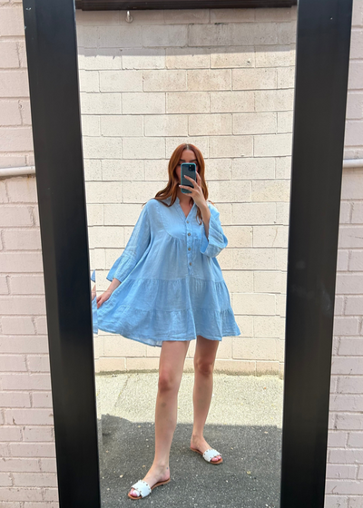 The Pink Door Ruffle Tier Linen Dress - Light Blue