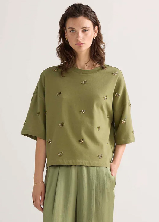 SUMMUM Short Sleeve Embellished Sweatshirt Combat Green