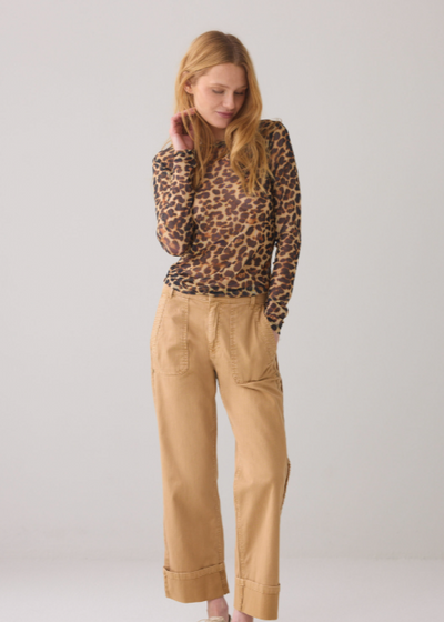 SUMMUM Long Sleeve Top Leopard Print On Mesh Soft Camel