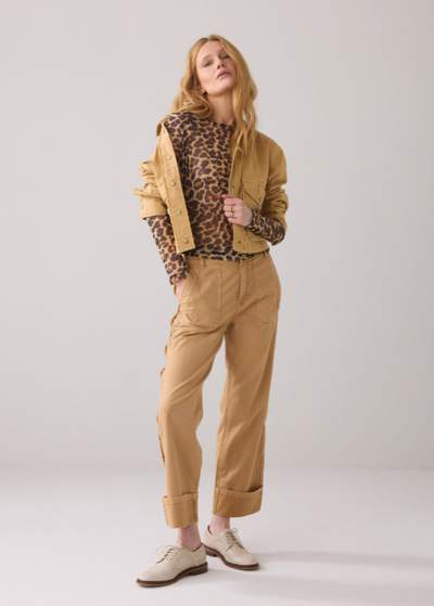 SUMMUM Long Sleeve Top Leopard Print On Mesh Soft Camel