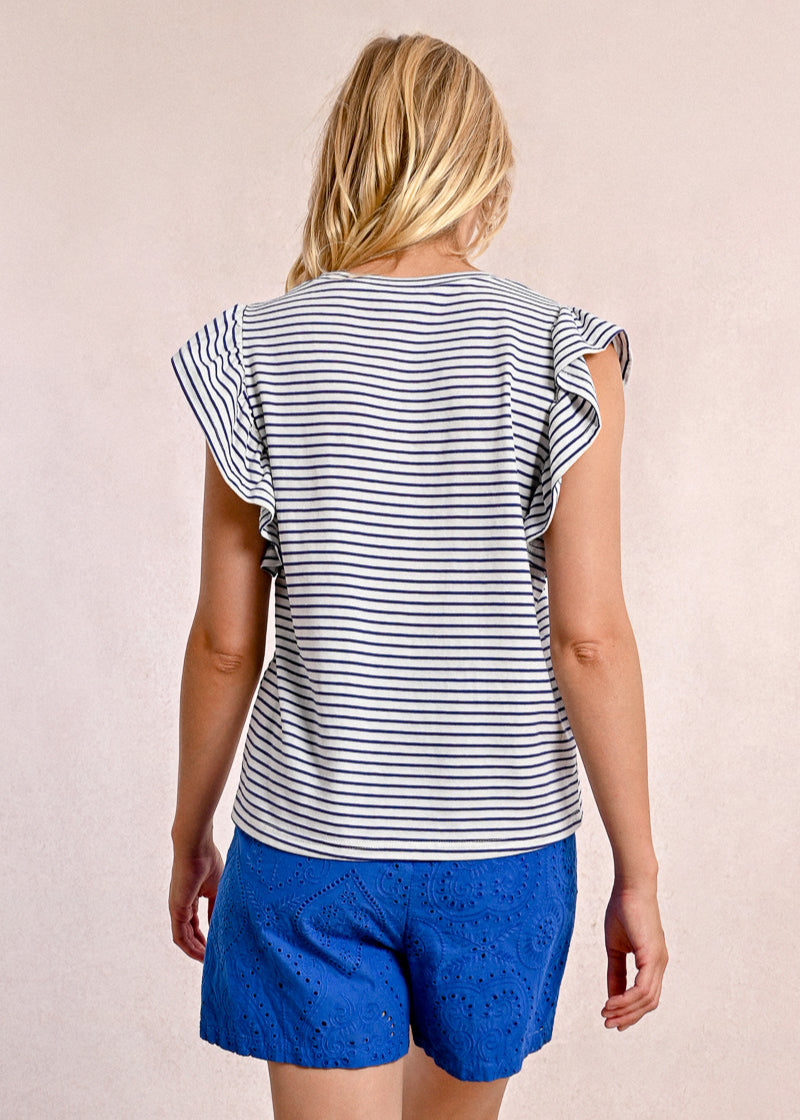 Molly Bracken Nautical Striped Ruffle Sleeve Tee