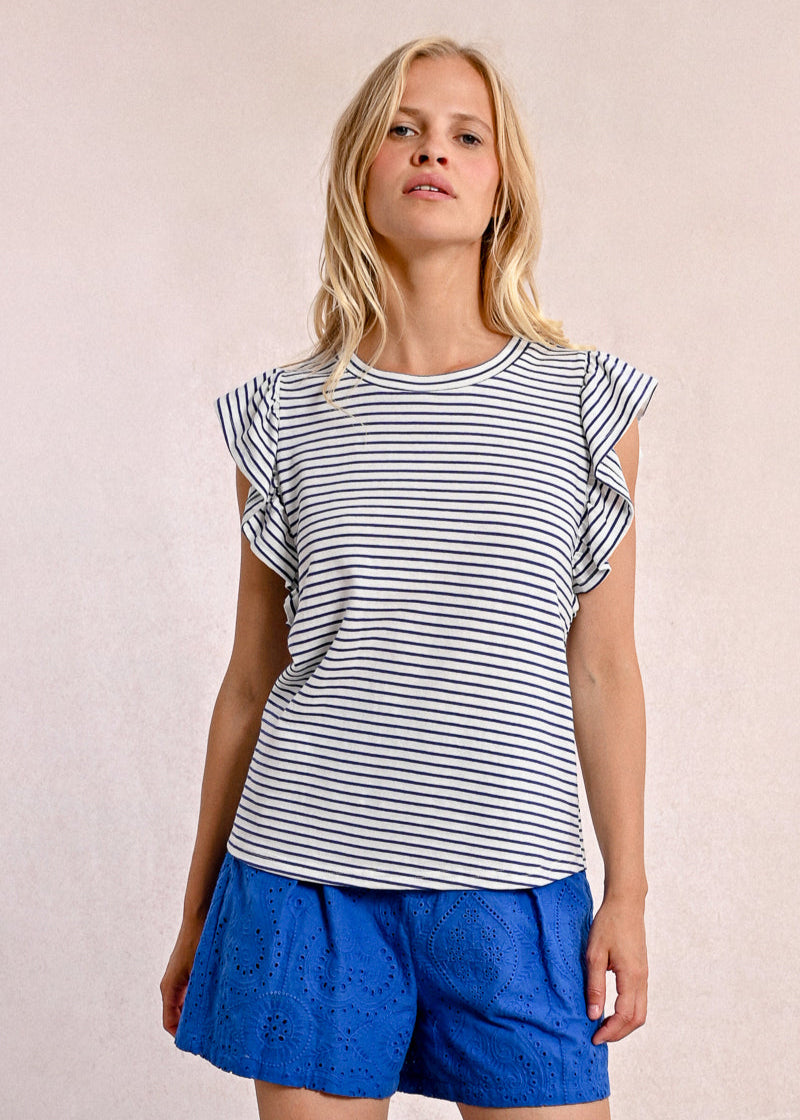 Molly Bracken Nautical Striped Ruffle Sleeve Tee