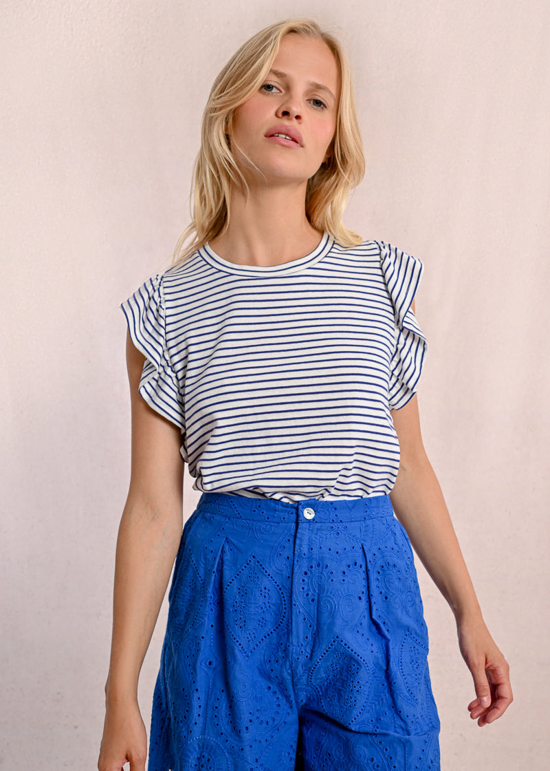 Molly Bracken Nautical Striped Ruffle Sleeve Tee