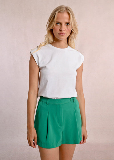 Molly Bracken Padded Shoulder Tee w/ Gold Buttons White