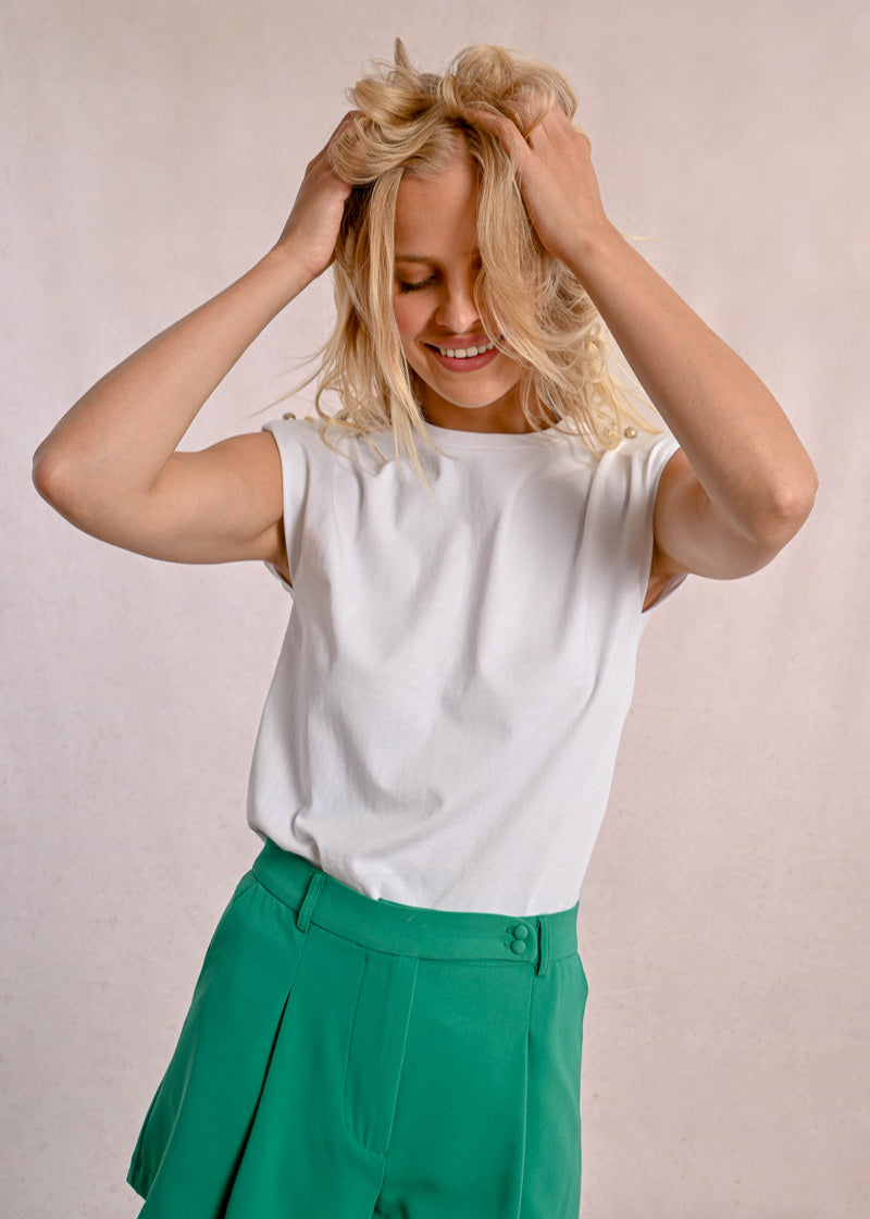 Molly Bracken Padded Shoulder Tee w/ Gold Buttons White