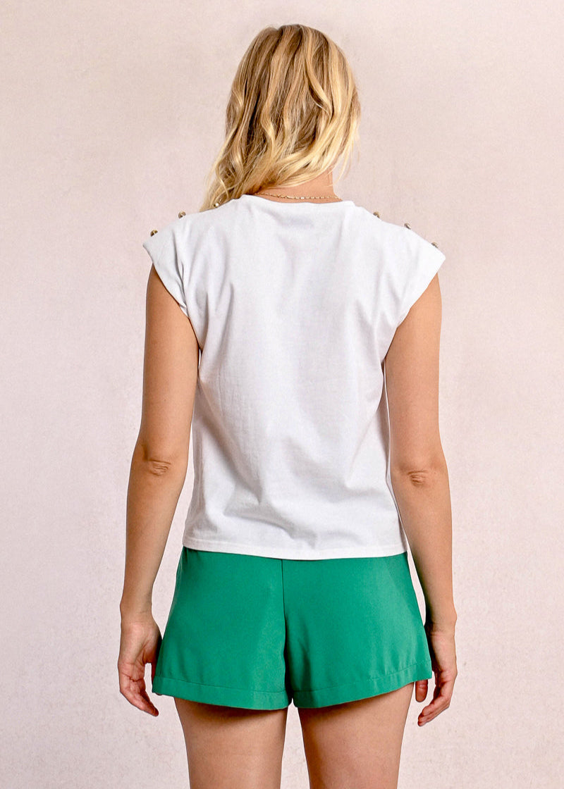 Molly Bracken Padded Shoulder Tee w/ Gold Buttons White