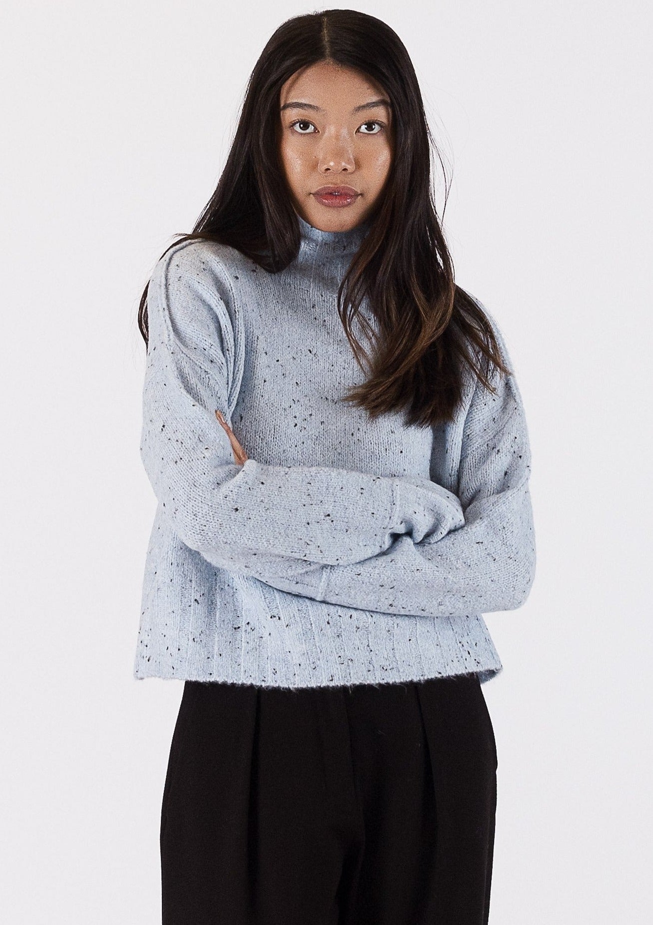 The Pink Door Mock Neck Ribbed Cuff Sweater - Light Blue Fleck