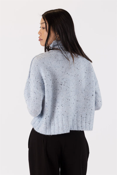 The Pink Door Mock Neck Ribbed Cuff Sweater - Light Blue Fleck