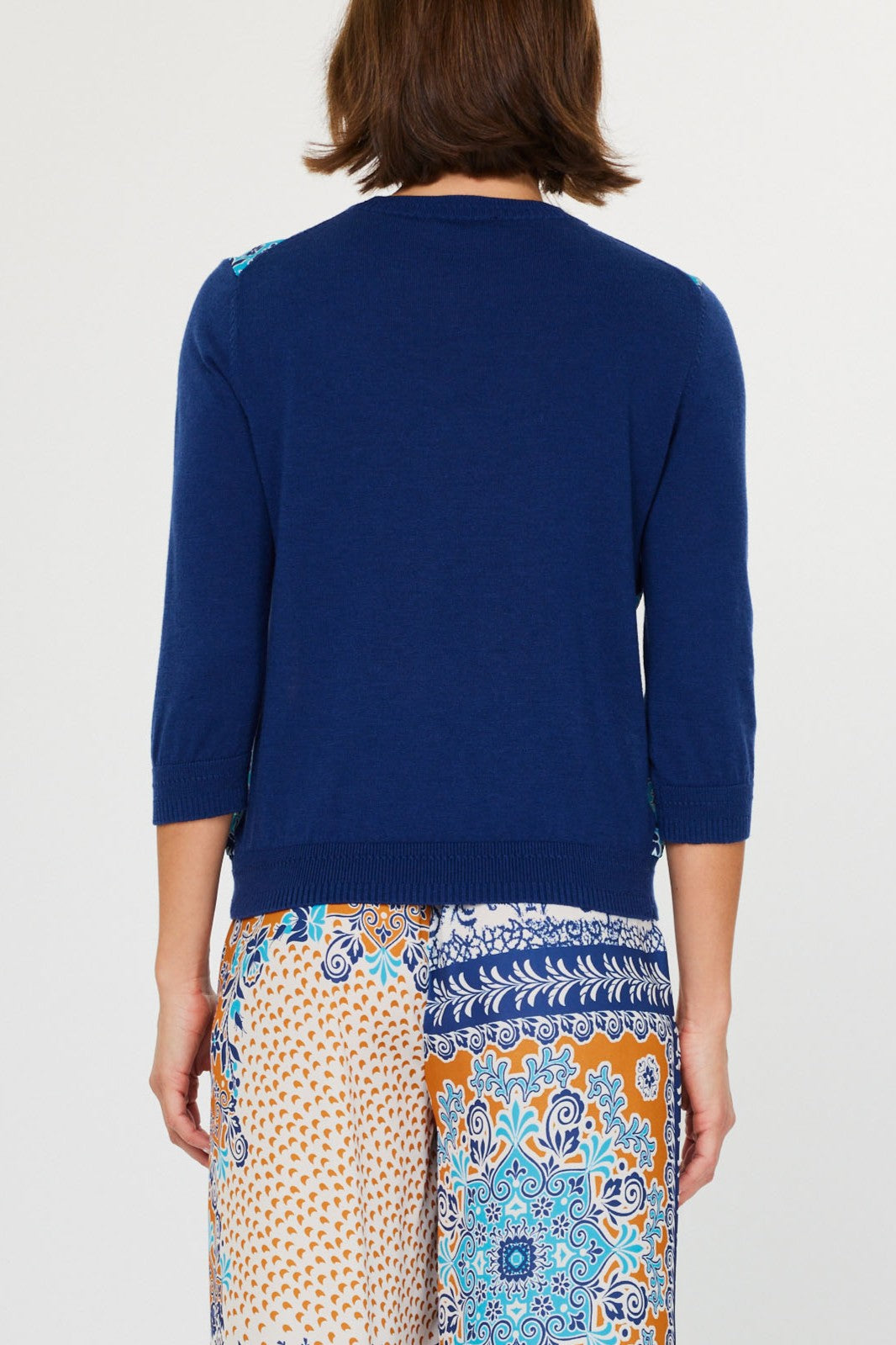 The Pink Door Blue Print Knit Sleeve Top