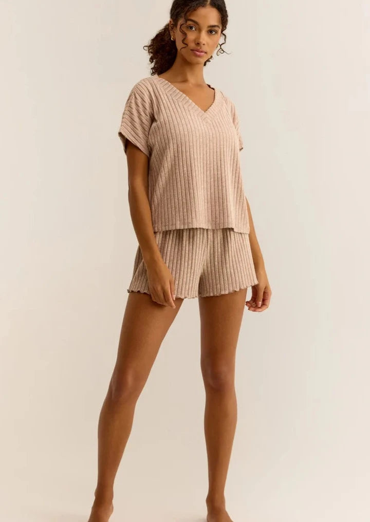 Z Supply Dawn Smocked Rib Short - Iced Coffee