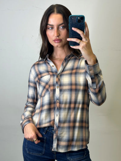 The Pink Door Navy/Burnt Orange Plaid Shirt