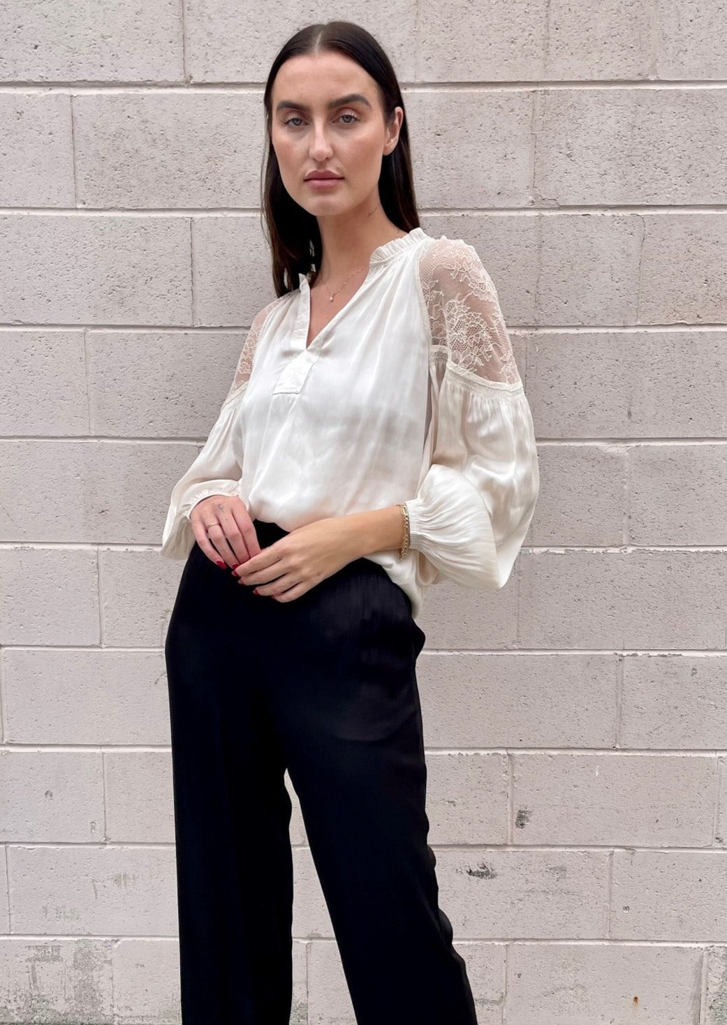 The Pink Door Lace Shoulder Blouse - Cream