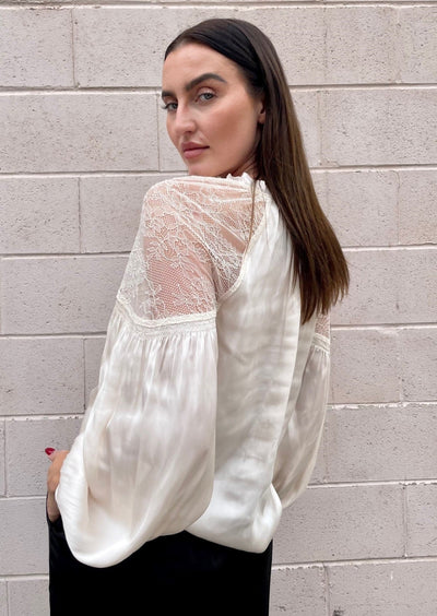 The Pink Door Lace Shoulder Blouse - Cream