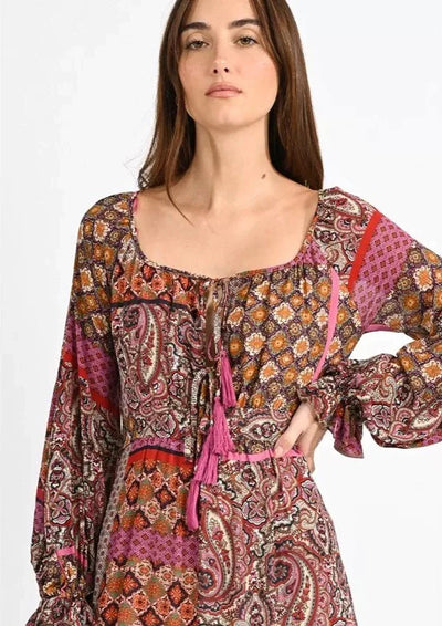 Molly Bracken Bohemian Style Paisley Print Long Dress - Fuchsia