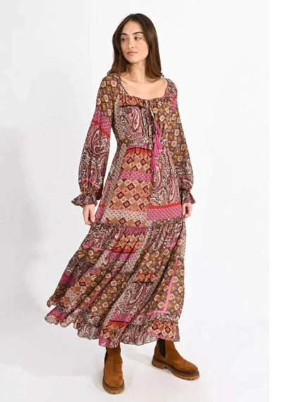 Molly Bracken Bohemian Style Paisley Print Long Dress - Fuchsia