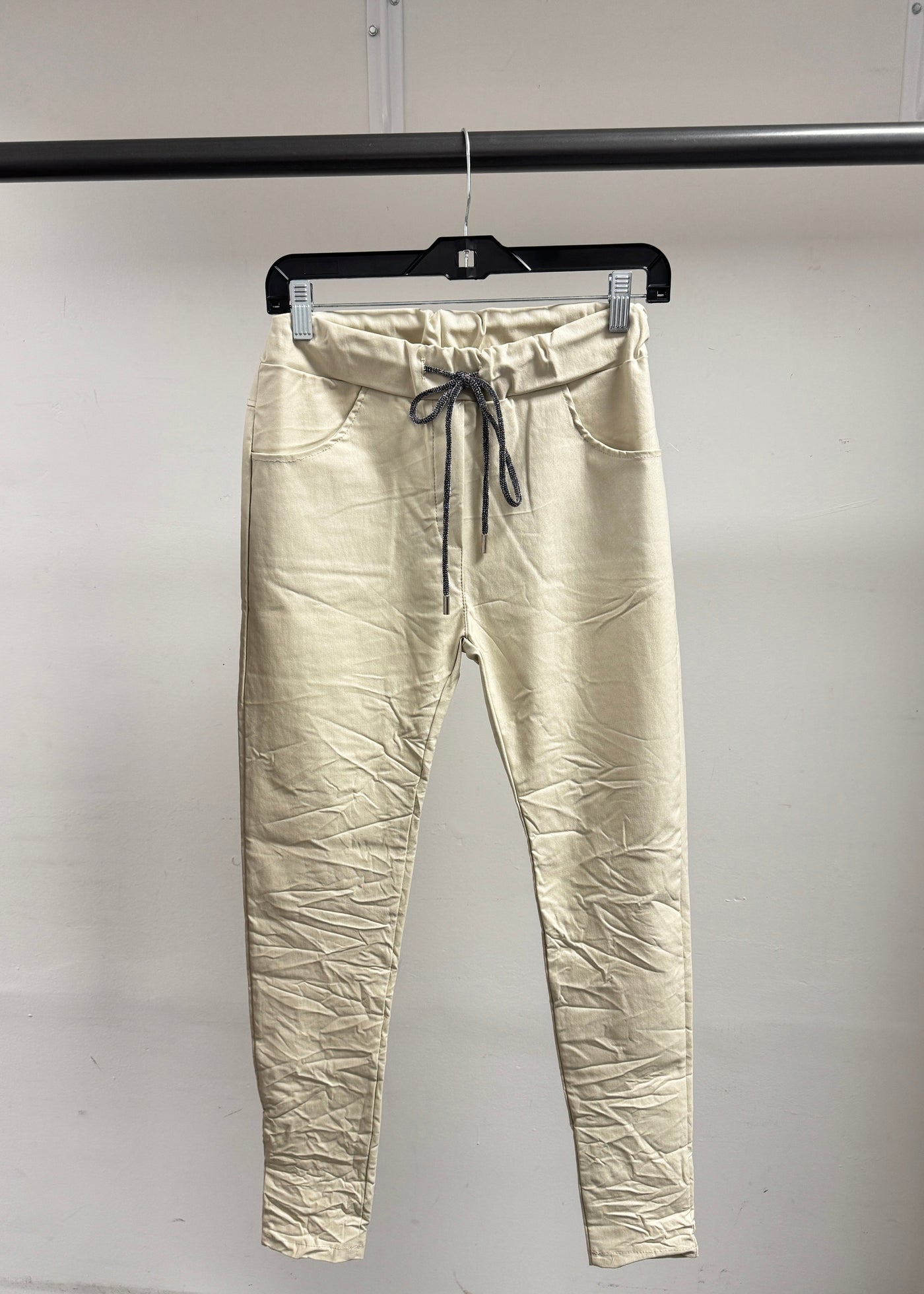 The Pink Door Faux Leather Jogger w/ Drawstring - Beige