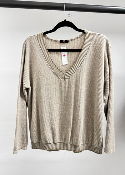 The Pink Door L/S Top w/ Gold Trim - Beige