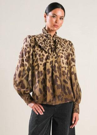 The Pink Door Leopard Puff Bow Blouse