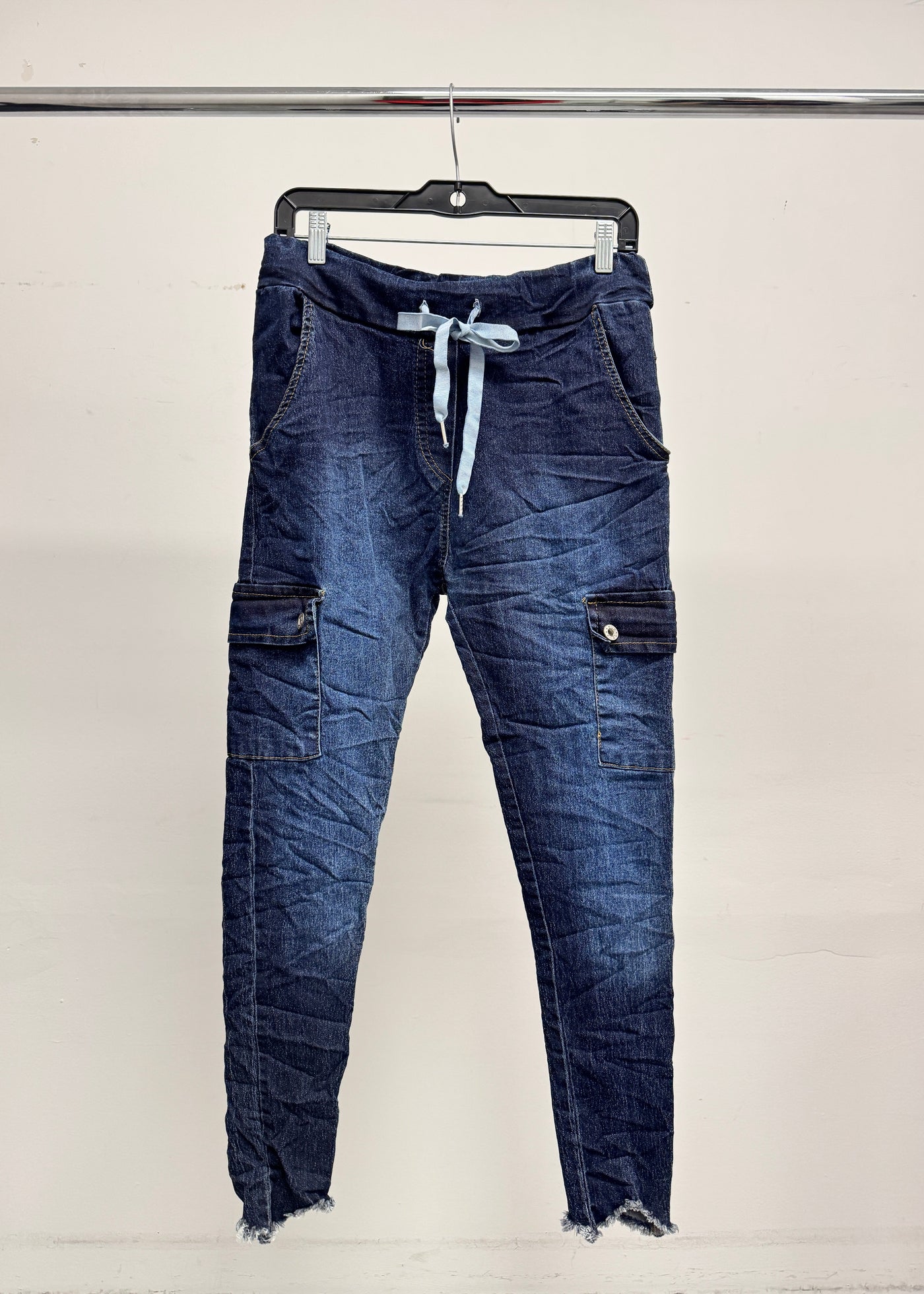 The Pink Door Frayed Bottom Cargo Joggers - Dark Denim