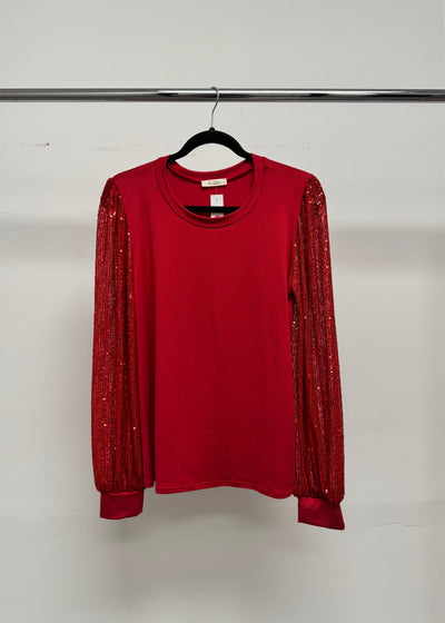 The Pink Door Sequin Sleeve Knit Top Red