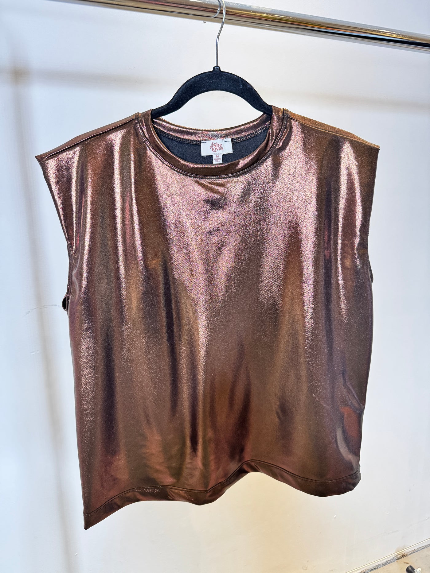 The Pink Door Metallic Cap Sleeve Top Bronze