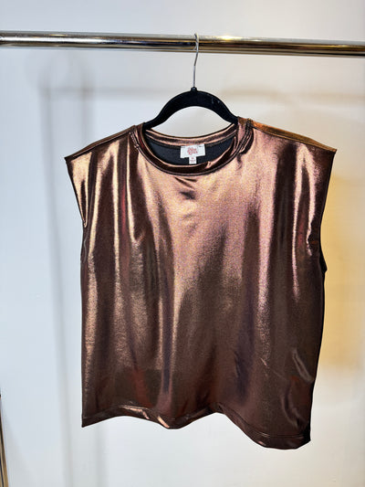 The Pink Door Metallic Cap Sleeve Top Bronze