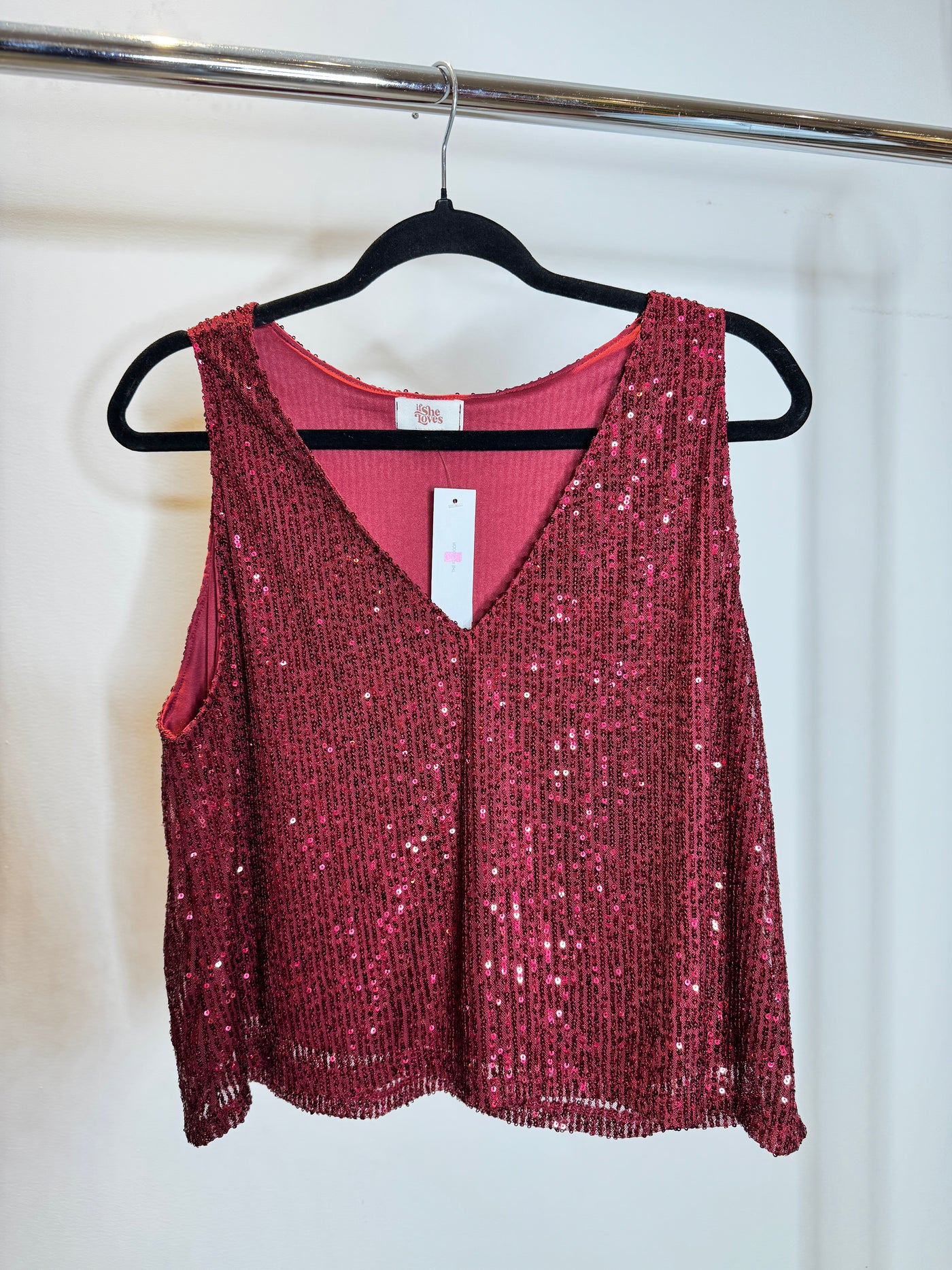 The Pink Door Sequin V Neck Sleeveless Top - Wine