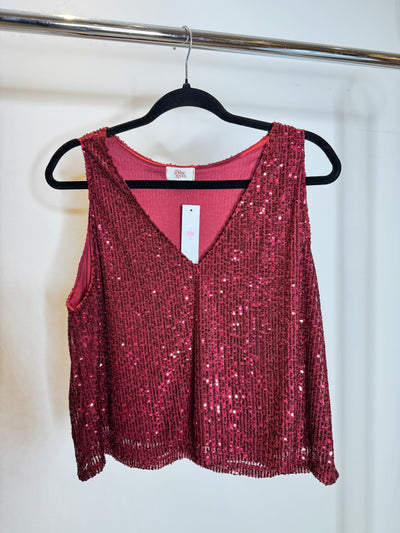 The Pink Door Sequin V Neck Sleeveless Top - Wine