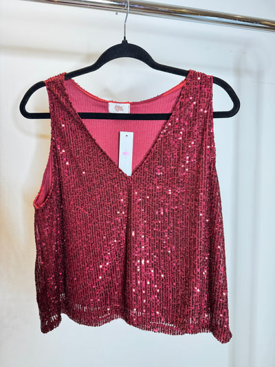 The Pink Door Sequin V Neck Sleeveless Top - Wine