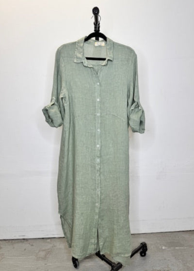 The Pink Door Long Linen Shirt Dress - Olive