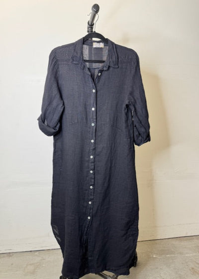 The Pink Door Long Linen Shirt Dress - Navy