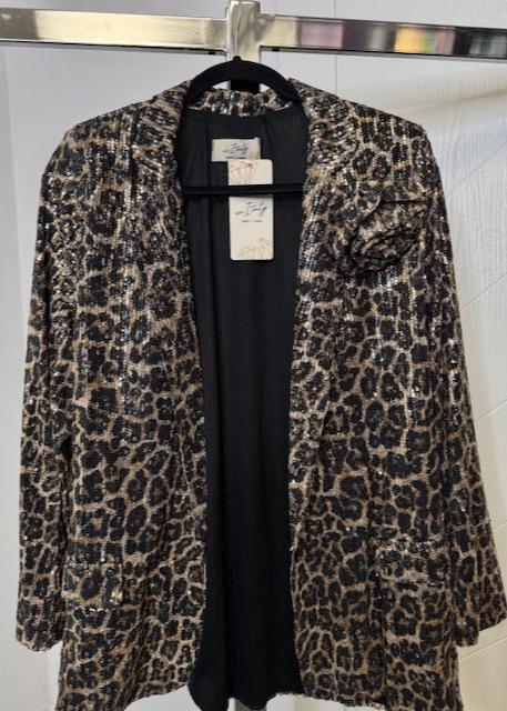 The Pink Door Leopard Sequins Blazer w/ rosette