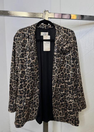 The Pink Door Leopard Sequins Blazer w/ rosette