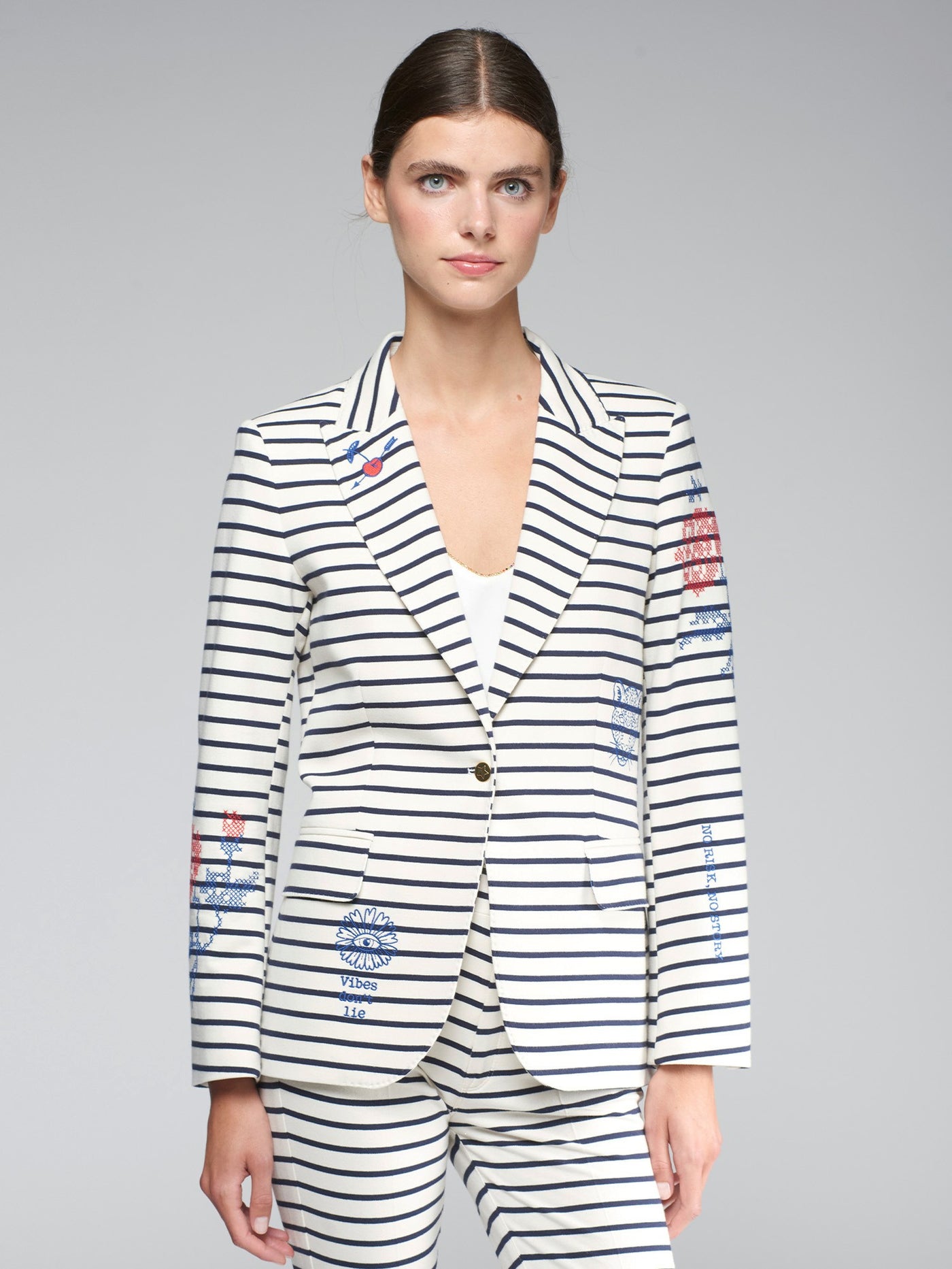 Vilagallo Heather Embroidered Ivory w/ Navy Striped Blazer