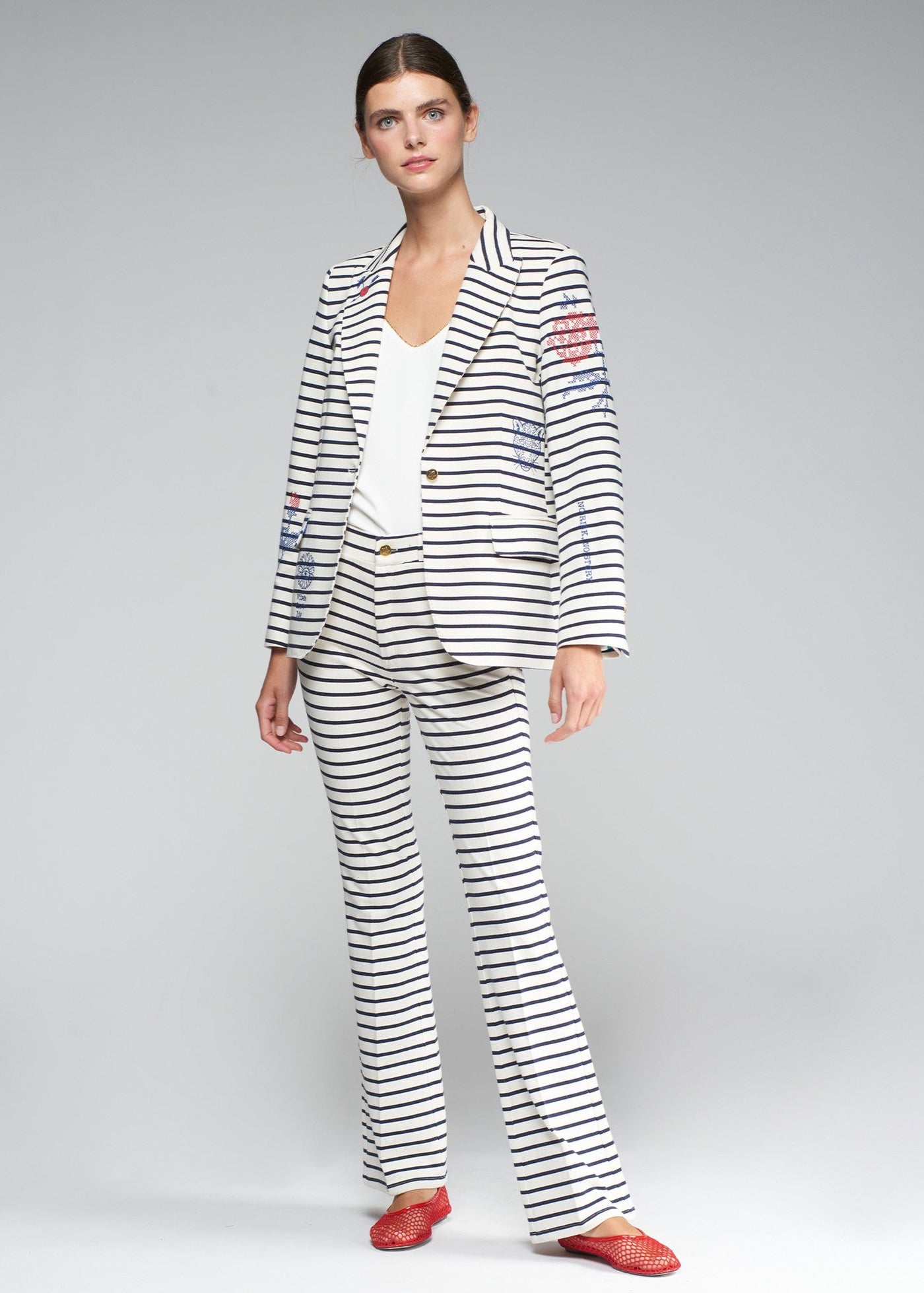 Vilagallo Heather Embroidered Ivory w/ Navy Striped Blazer