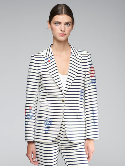 Vilagallo Heather Embroidered Ivory w/ Navy Striped Blazer