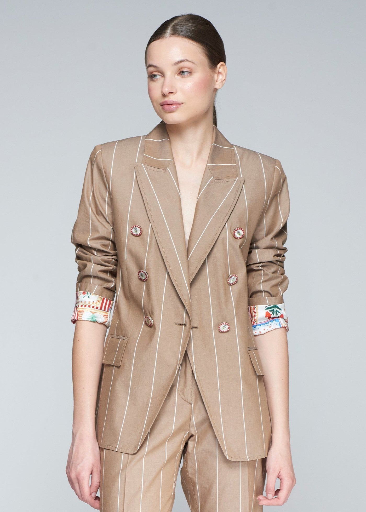 Vilagallo Ingrid Tan Pinstriped Blazer