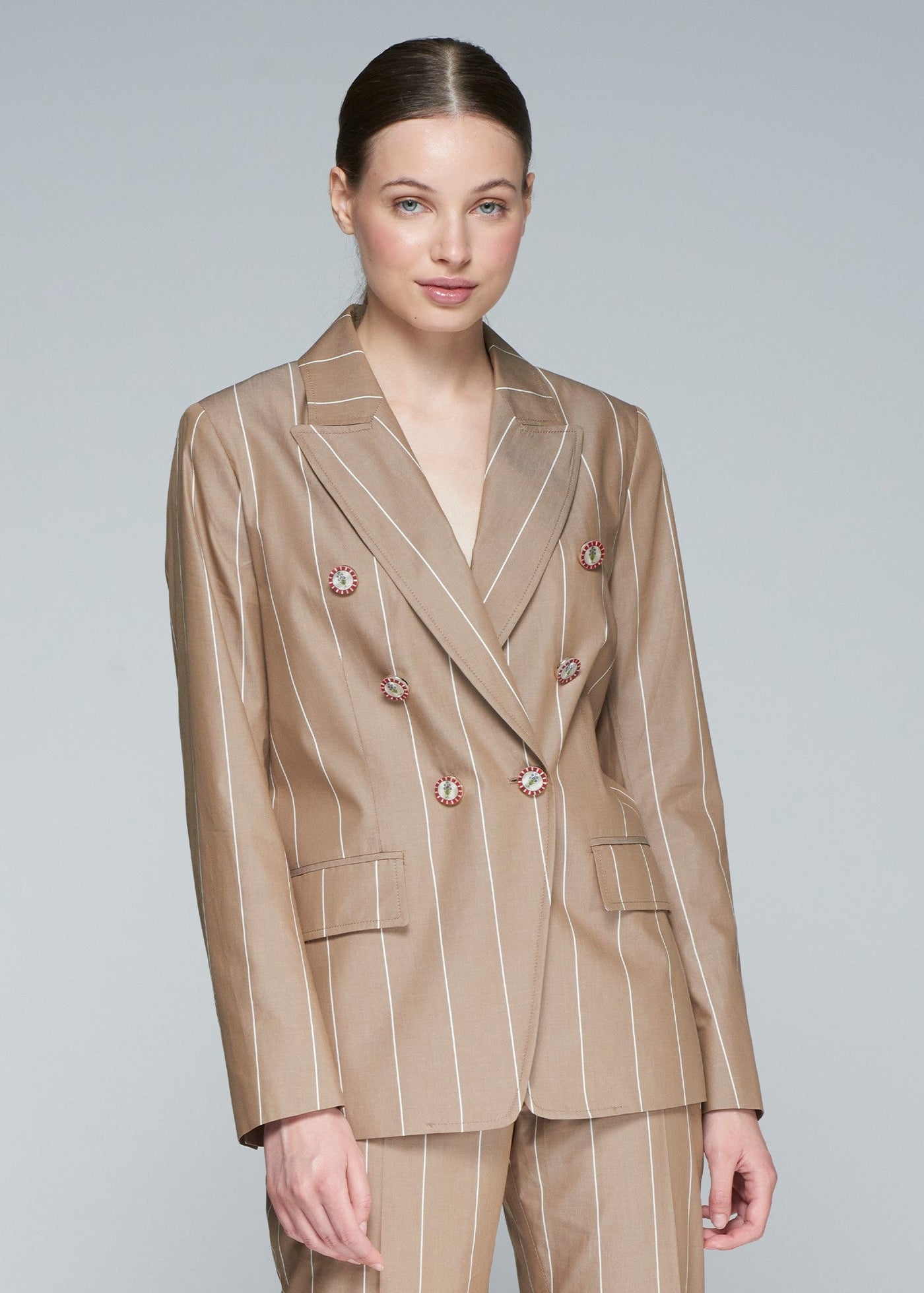 Vilagallo Ingrid Tan Pinstriped Blazer