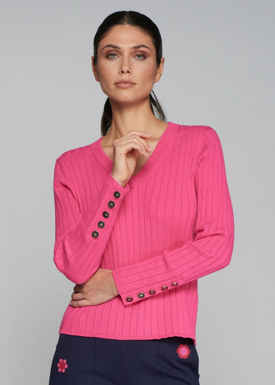 Vilagallo V-neck Cotton Sweater w/ Buttons Detail Pink