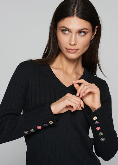 Vilagallo V-neck Cotton Sweater w/ Buttons Detail Black